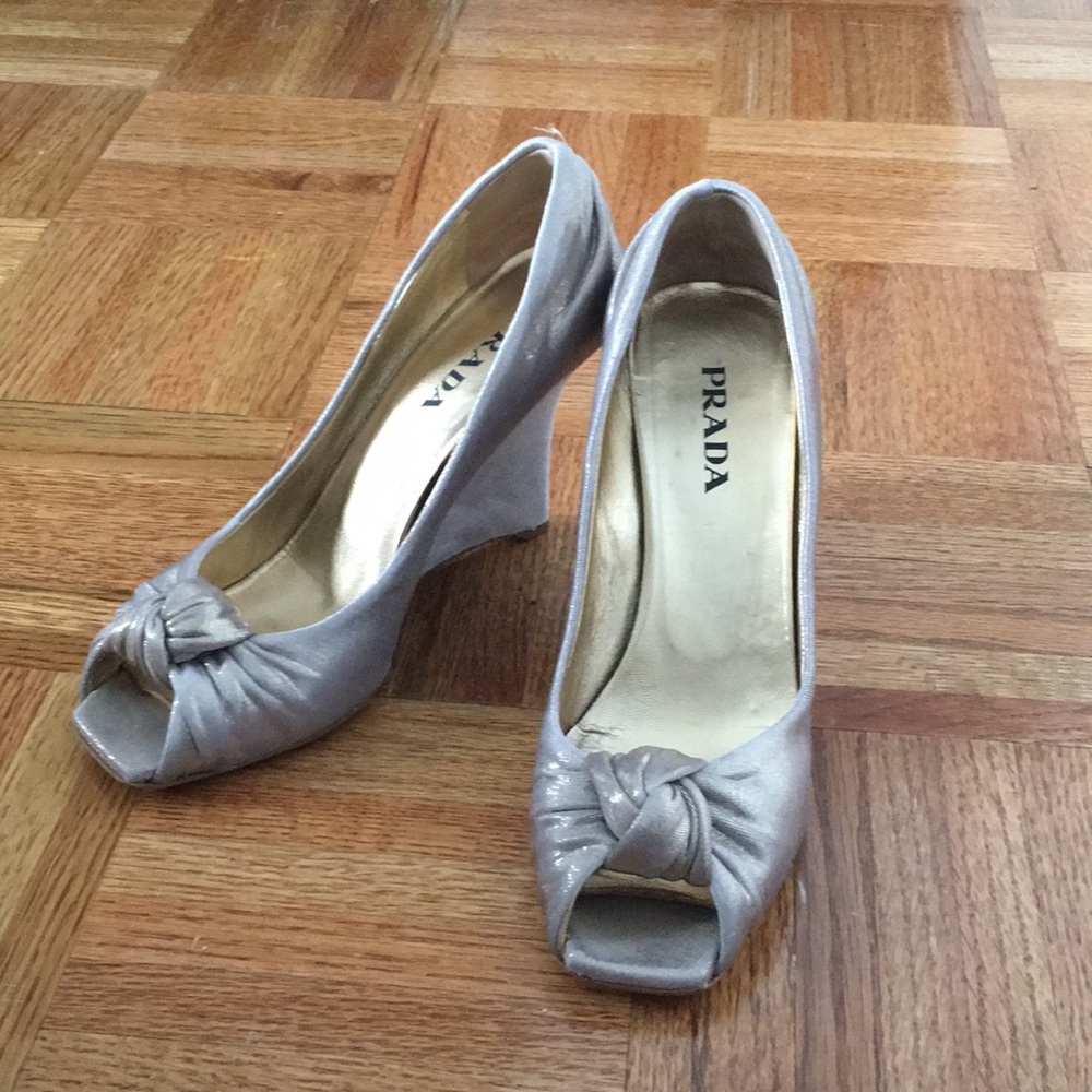 Prada Womens Open Toe Wedge Metallic Shimmer 36.5